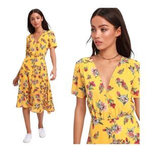 Lulu’s Windows Down Yellow Floral Print Button-Front Midi Dress Size Medium